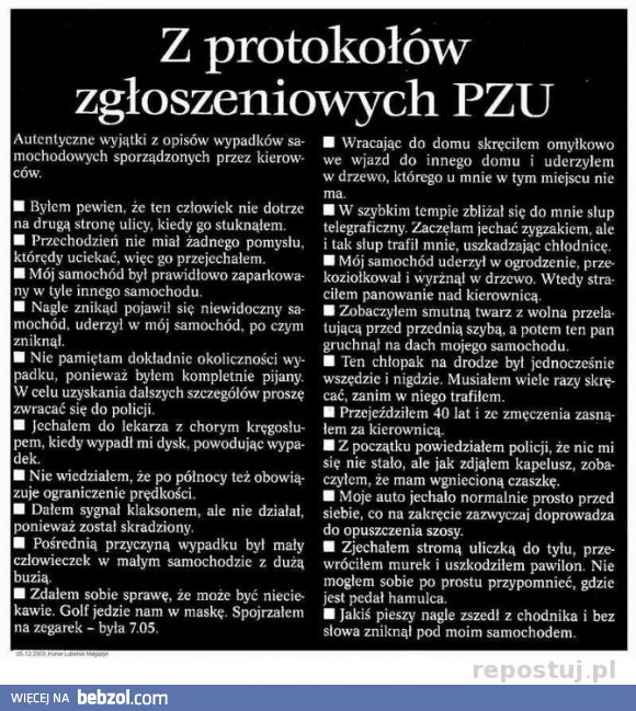 Z protokołów zgłoszeniowych PZU