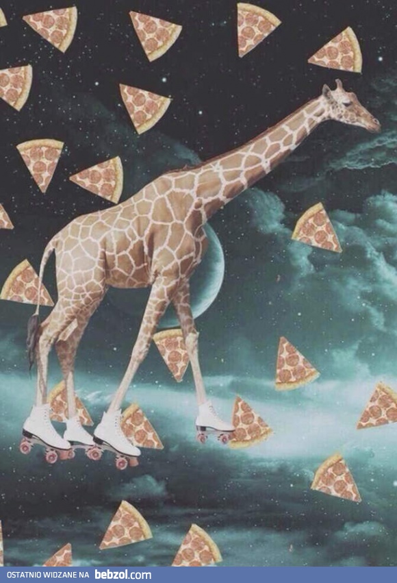 Żyrafa na wrotkach przemierzająca kosmos wśród pizzy