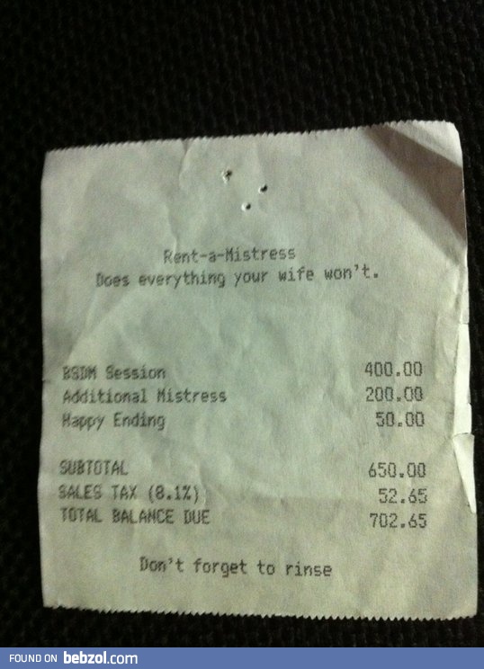 One of my managers found this receipt left at the bar...Don't forget to rinse.