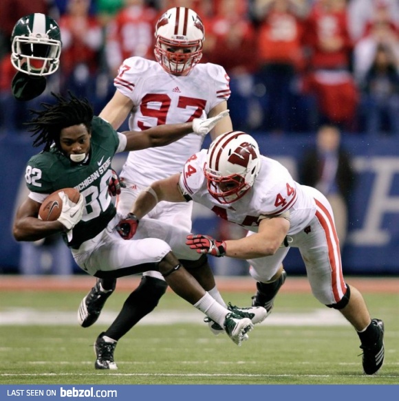 Perfect execution of the classic dick punch helmet launch..