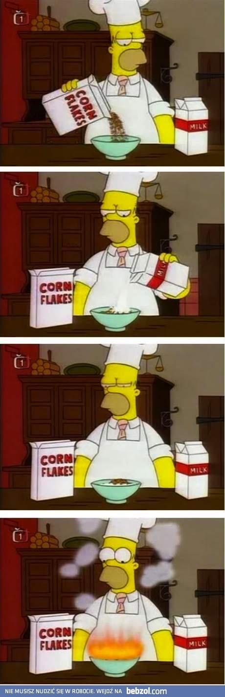 Facet w kuchni nawet płatki przypali