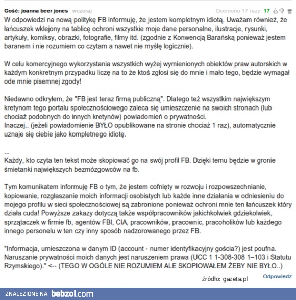 W odpowiedzi na politykę Facebooka oświadczam, że jestem...