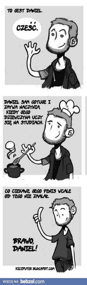 Daniel sam gotuje i zmywa naczynia...