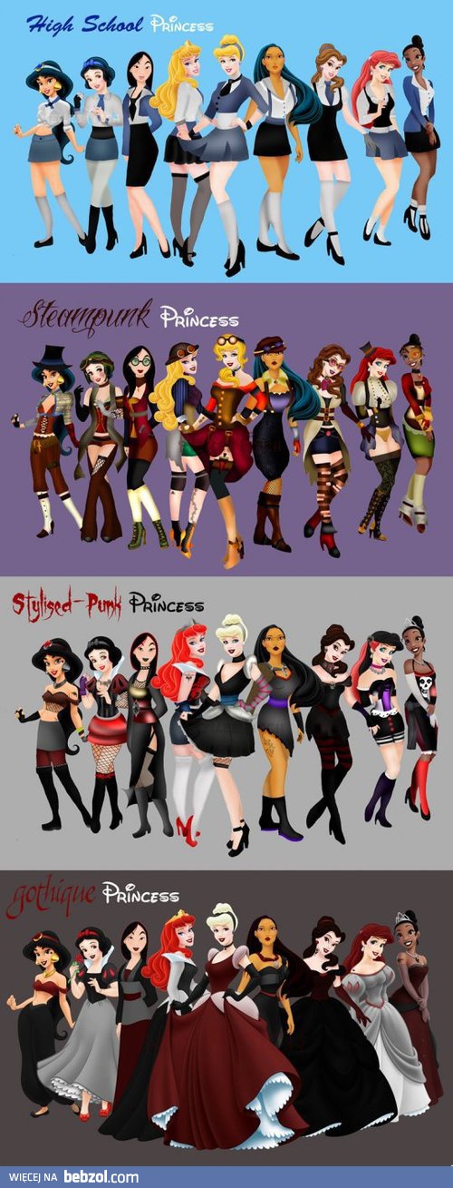 Księżniczki Disneya w różnych stylach